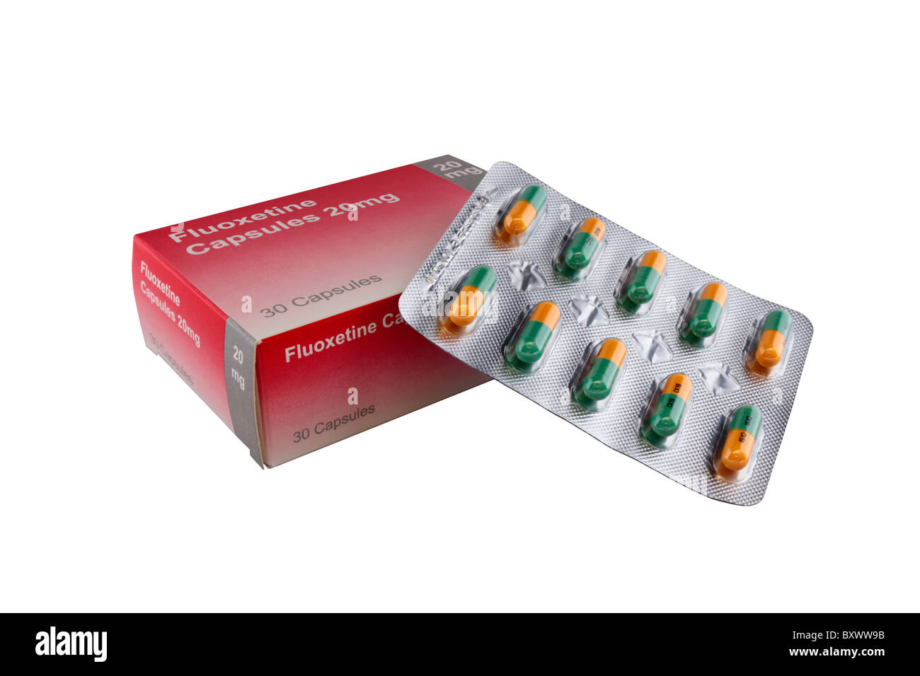 A box of 20mg Fluoxetine capsules with one sheet of capsules out of the box Stock Photo