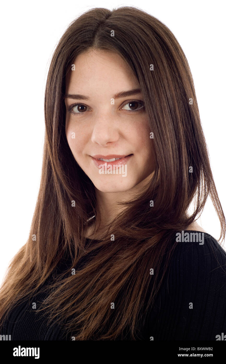 Studio portrait of a beautiful woman isolated over a white background ...