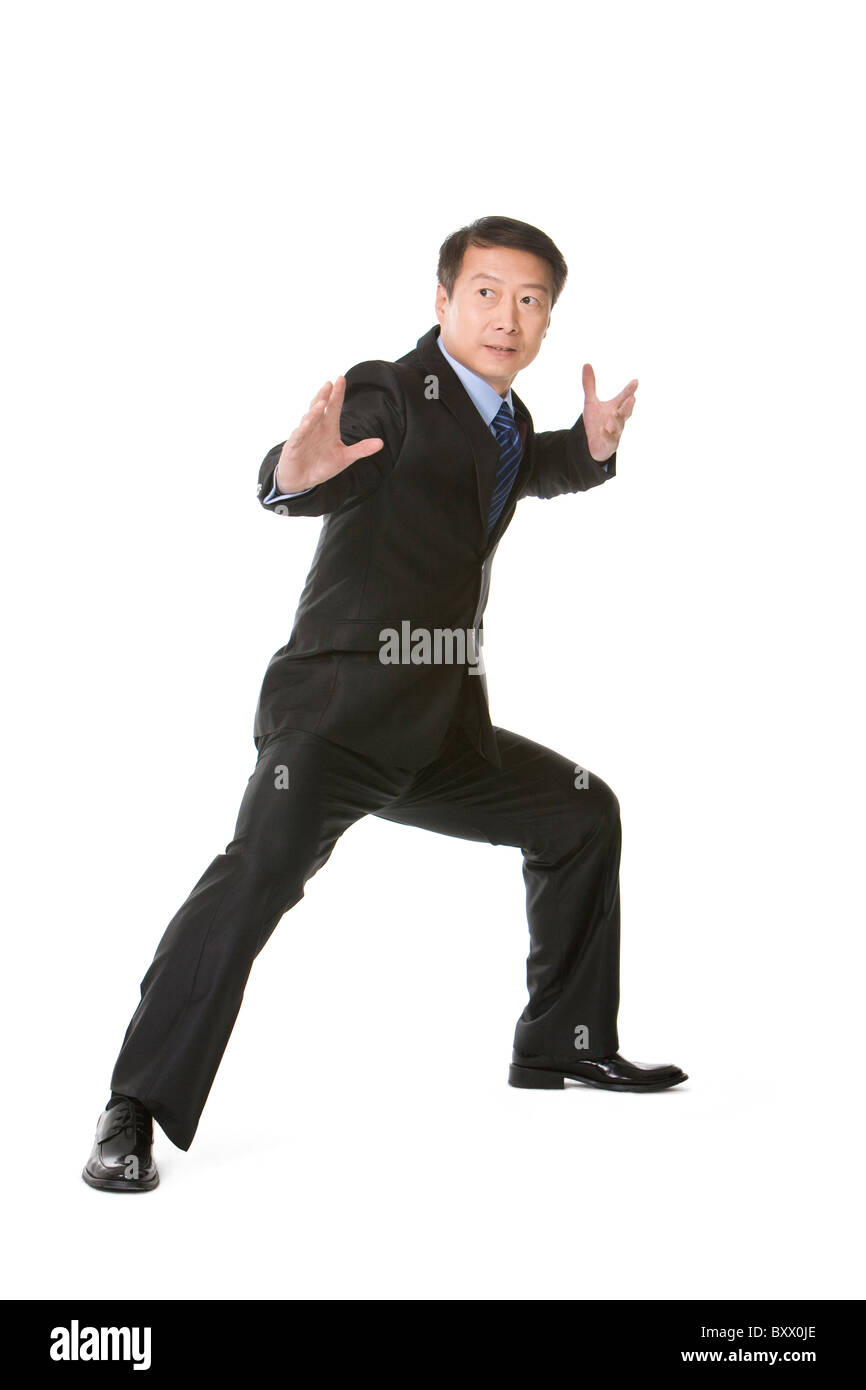 Mature businessman in martial arts fighting stance Stock Photo Alamy