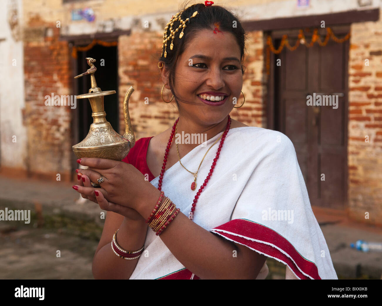 portrait of a woman in traditional dress in Durbar Square, Kathmandu, Nepal Stock Photo
