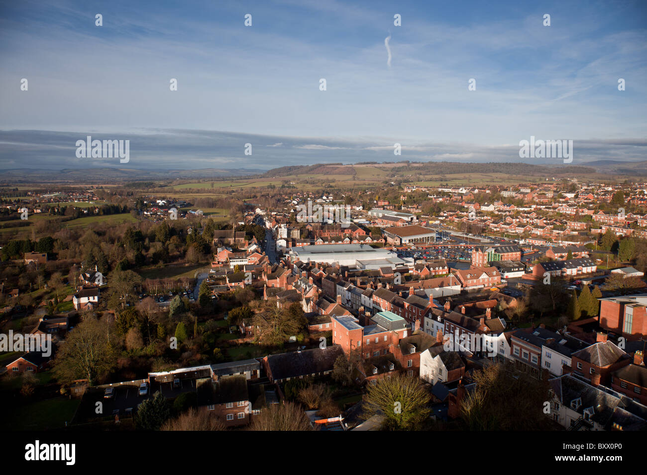 Looking over Ludlow and South Shropshire from the top of the tower at St Laurence's Church, Ludlow Stock Photo