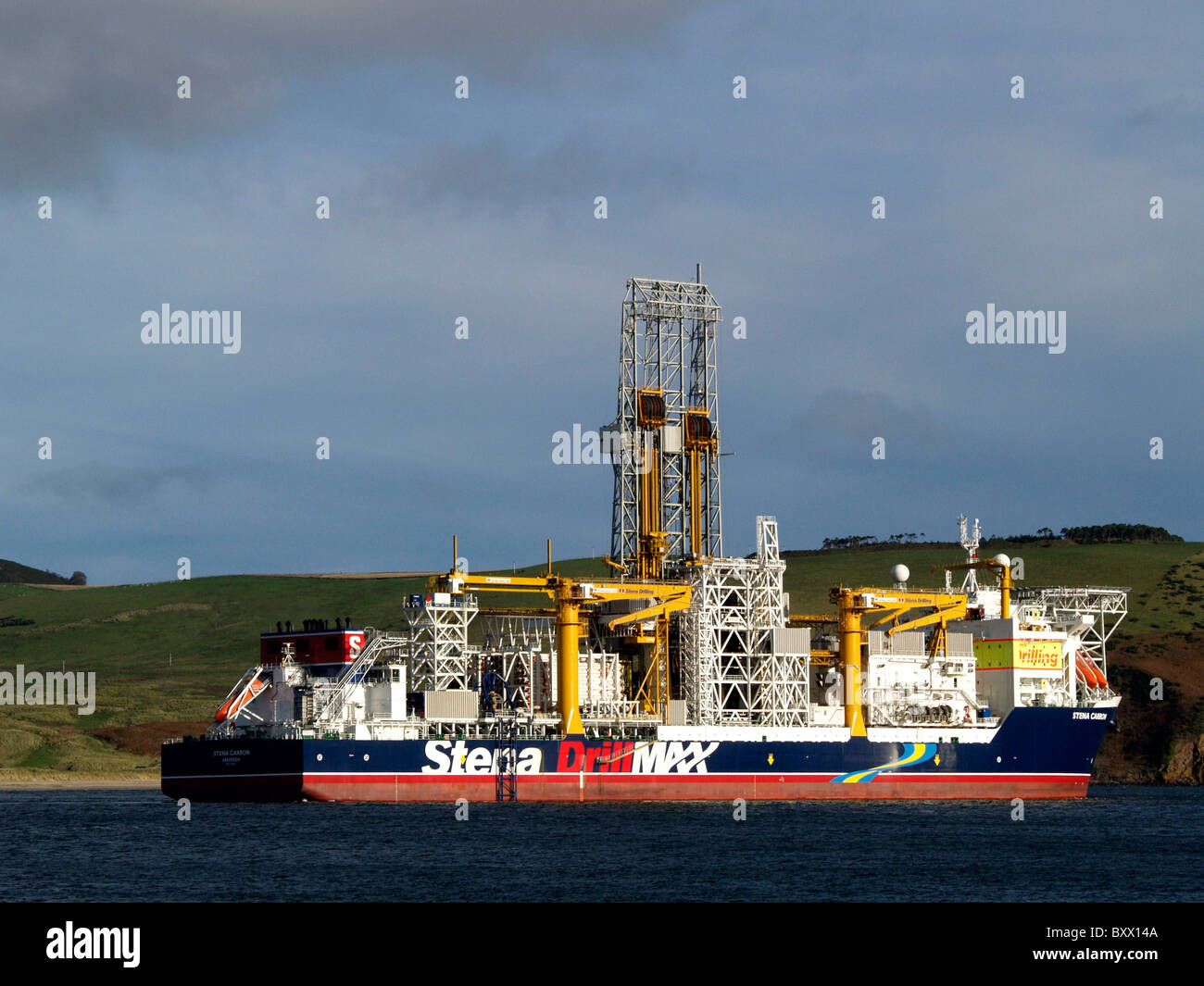The Drillship Stena Carron leaving the Cromarty Firth, on route to drill deepwater oil wells in the waters near Greenland. Stock Photo