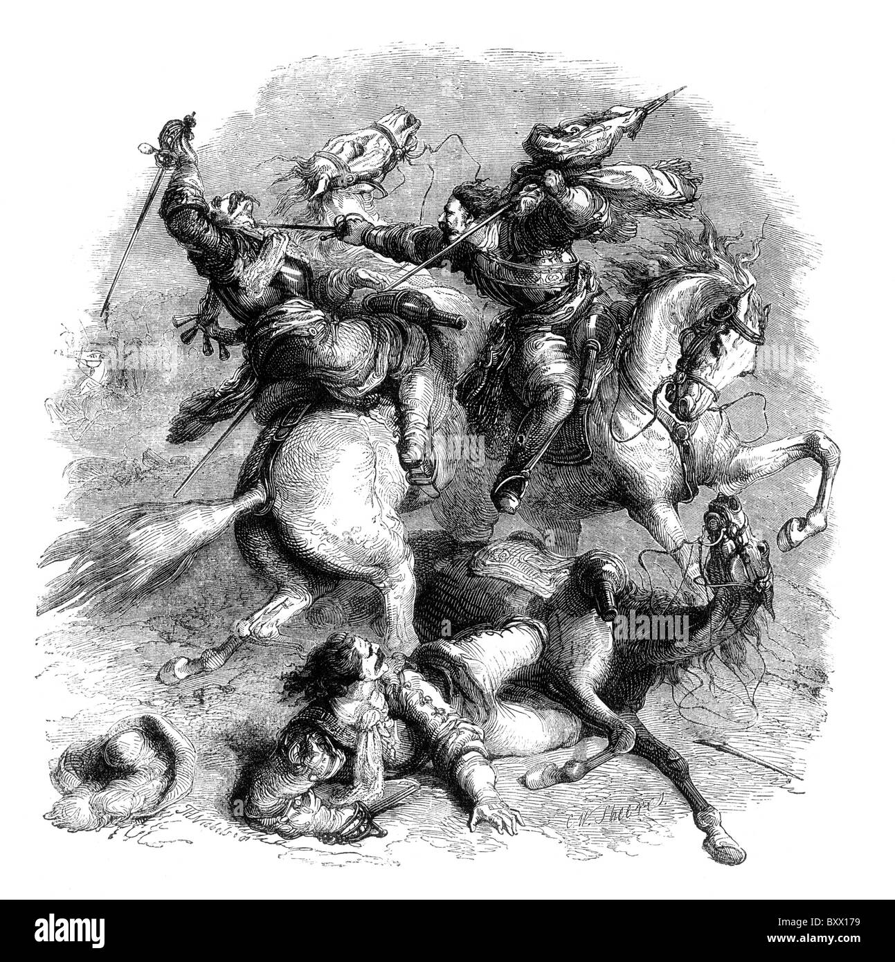 The fight for the standard at the Battle of Edgehill, 23 October 1642; Black and White Illustration; Stock Photo