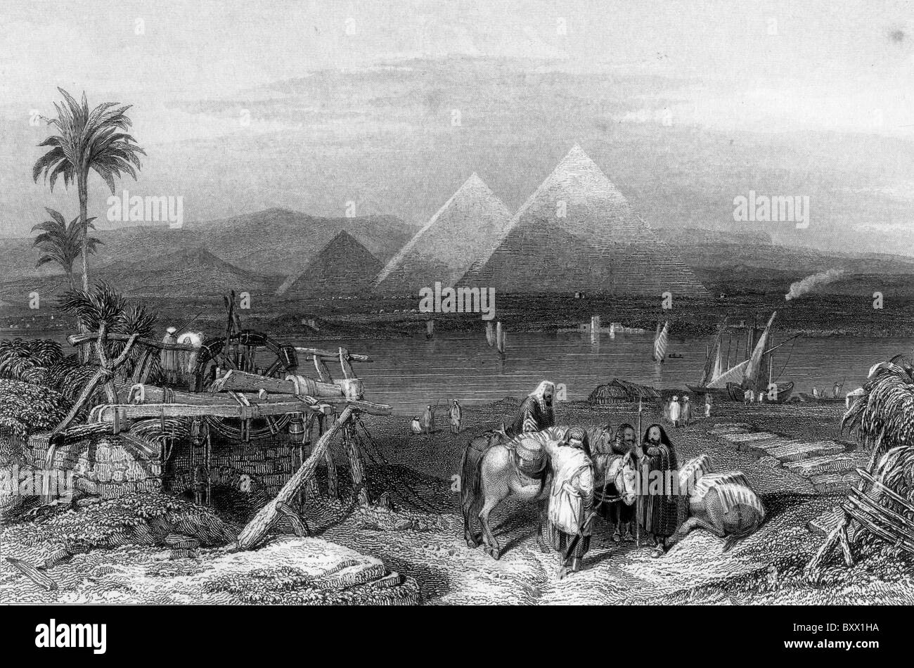 The River Nile and the Pyramids 19th century; From Landscape Illustrations of The Bible; Black and White Illustration; Stock Photo