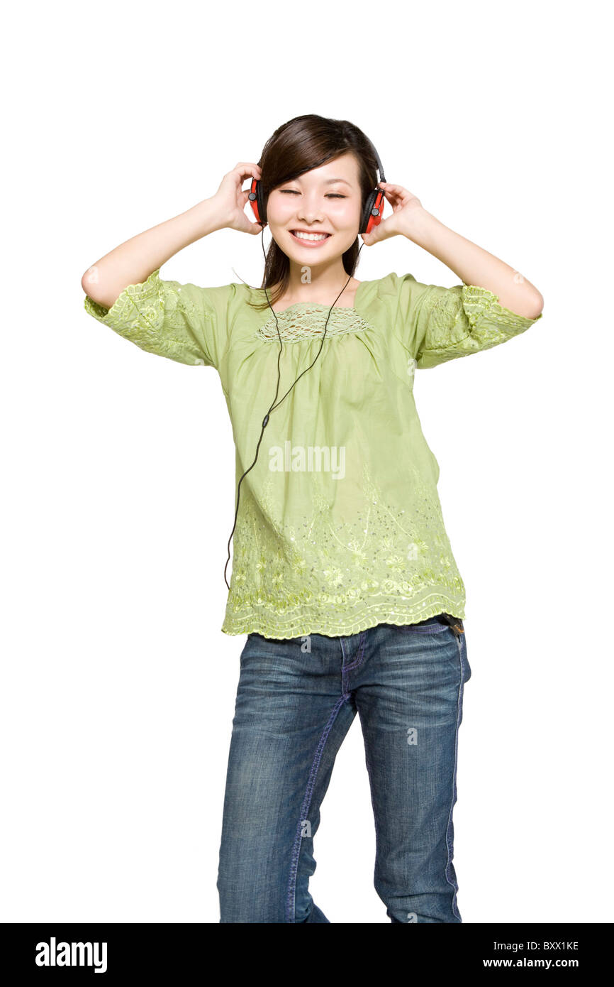 Portrait of Young Woman with Headphones Stock Photo - Alamy