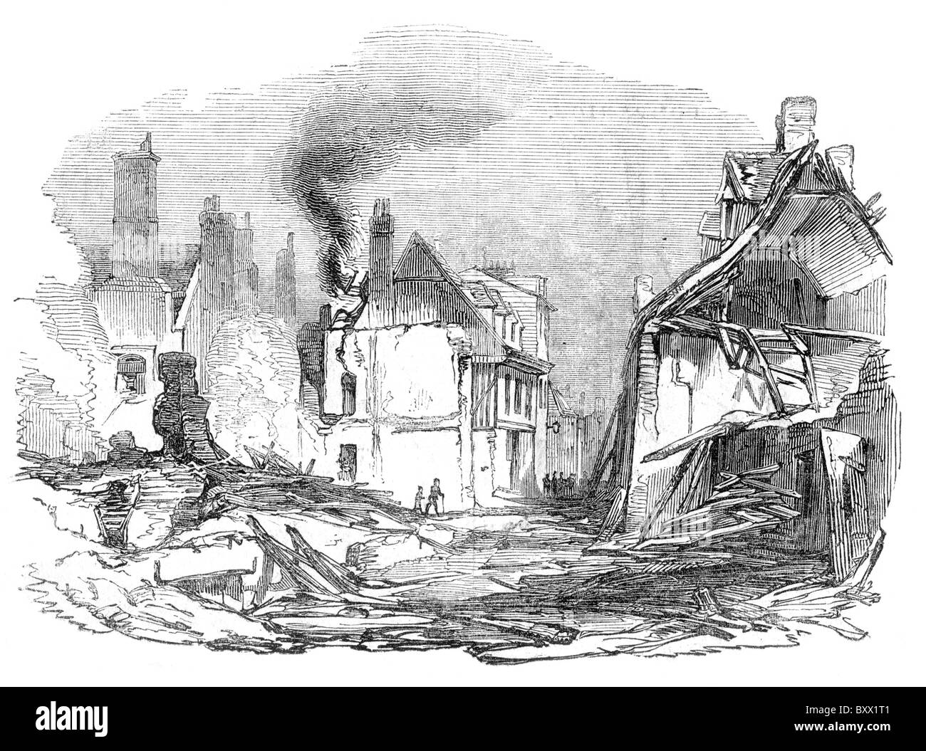 The Ruins of Gravesend after the Great Fire of 1844; Black and White Illustration; Stock Photo