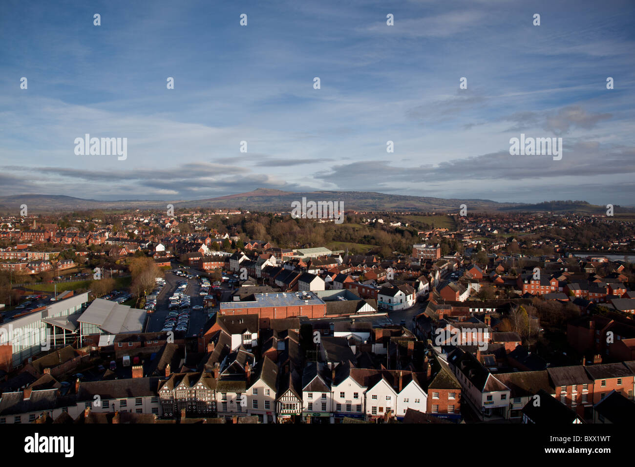 Titterstone Clee Hill and Ludlow as seen from the top of St Laurence's Church, Ludlow, Shropshire Stock Photo