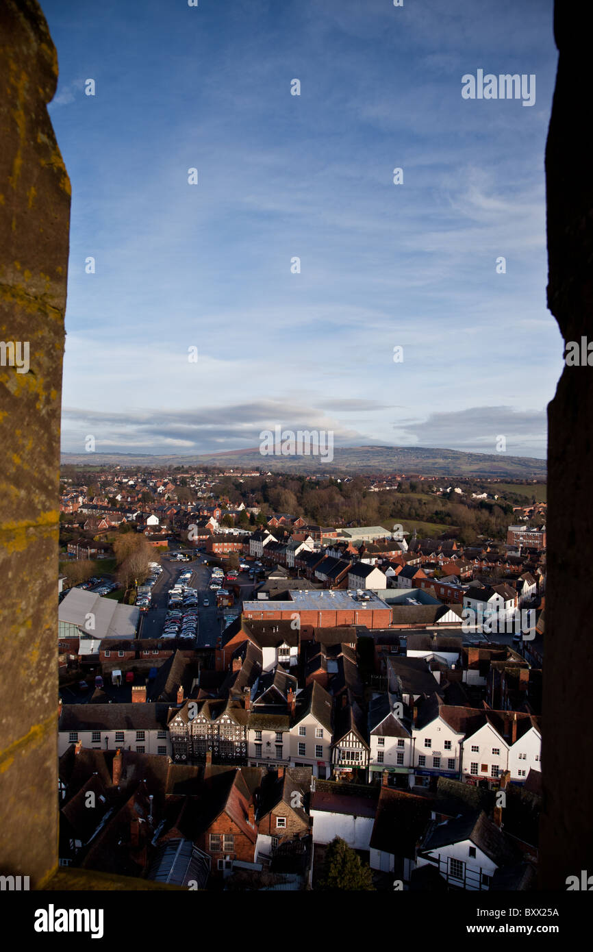 Looking towards Titterstone Clee Hill over Ludlow rooftops from St