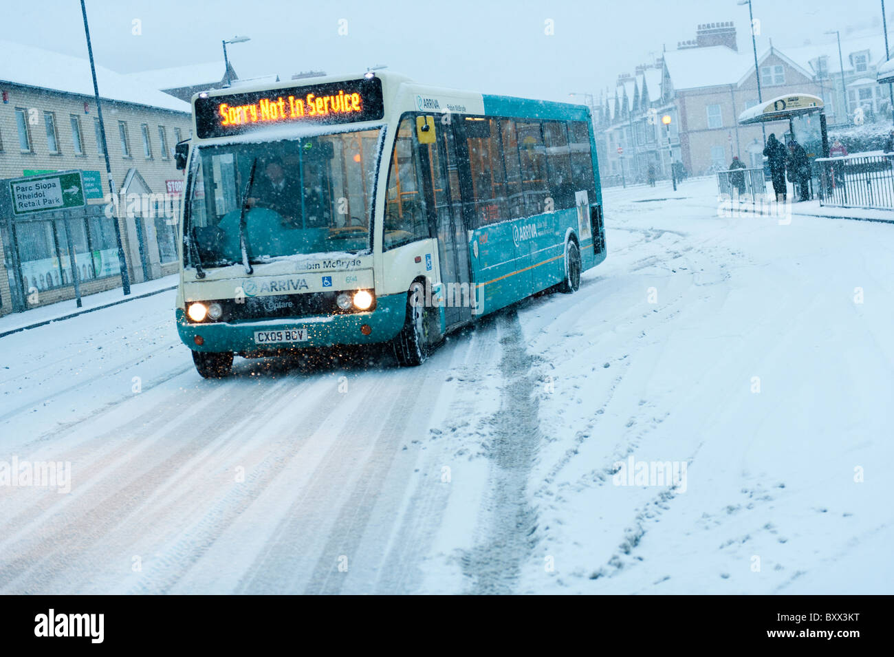 Arriva Wales bus not in service because of the snow, Aberystwyth Wales UK December 2010 Stock Photo