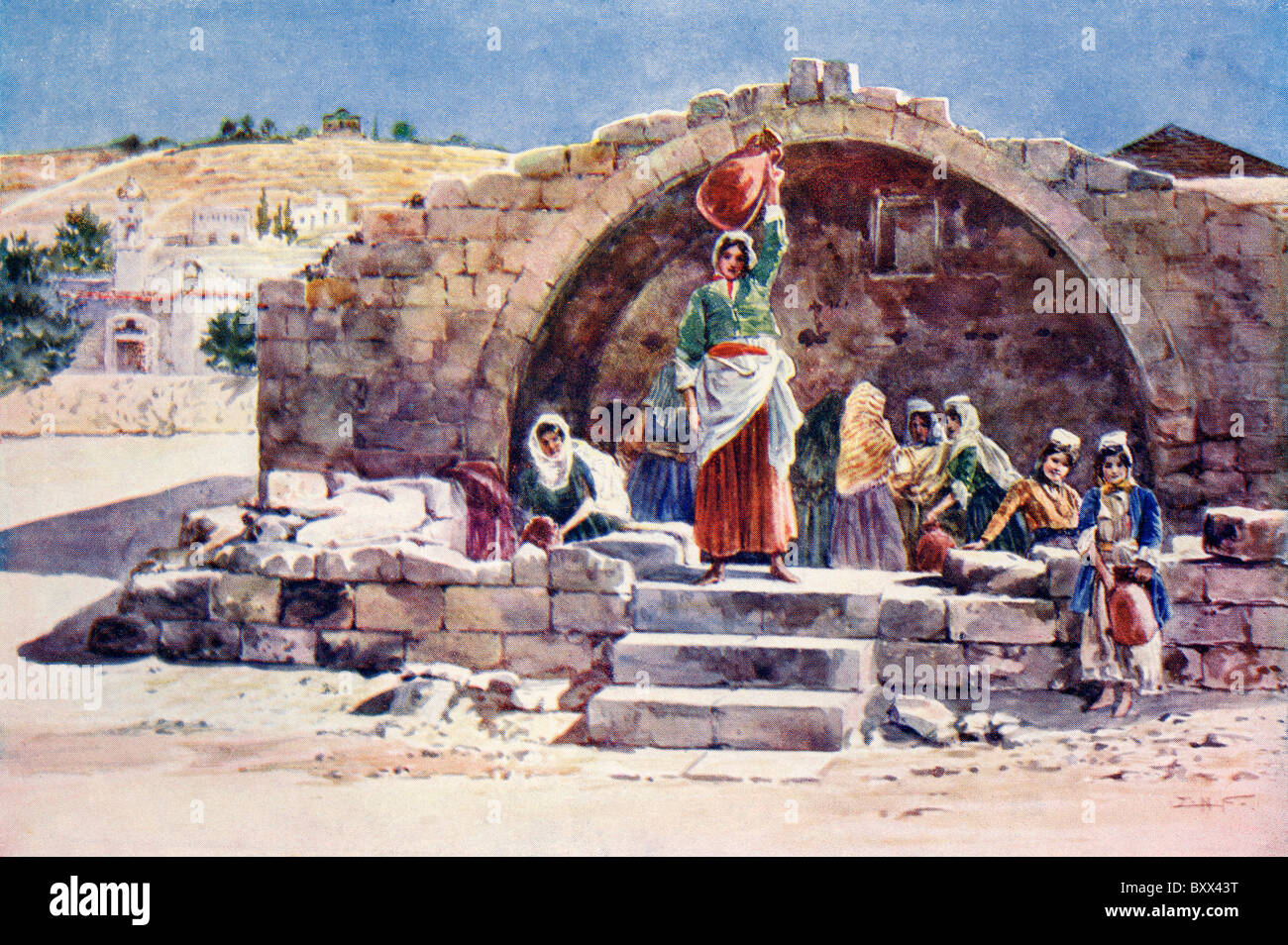 The Fountain of the Virgin, Nazareth, circa 1910.  Legend tells that the Virgin Mary washed the swaddling clothes of Jesus here. Stock Photo