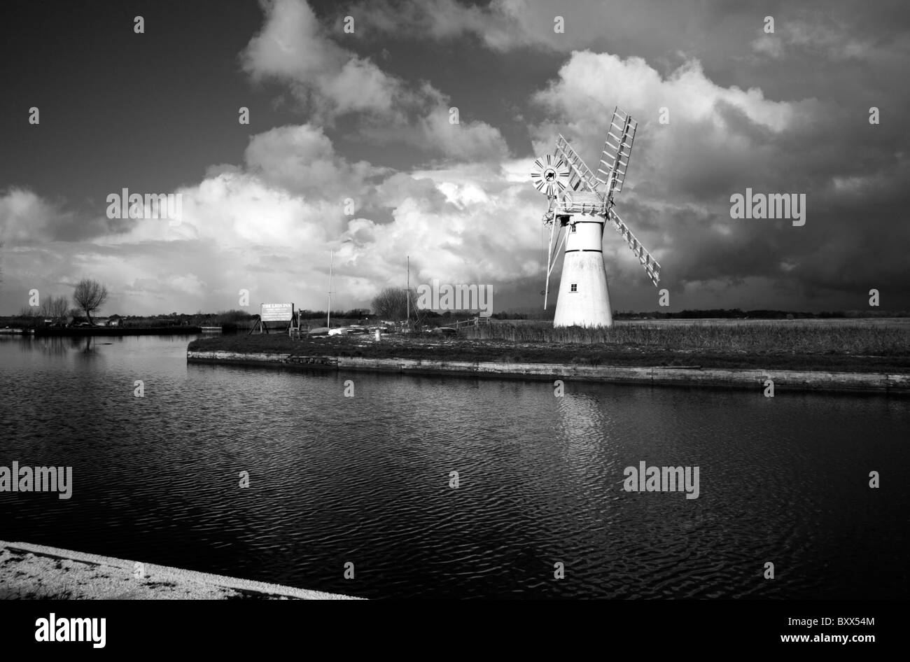 A monochrome scene on the Norfolk Broads at Thurne Dyke, Norfolk ...