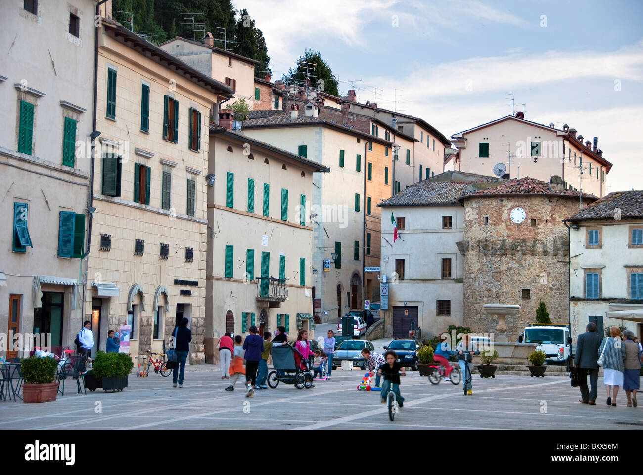 Evening in the Piazza in Tuscany Stock Photo