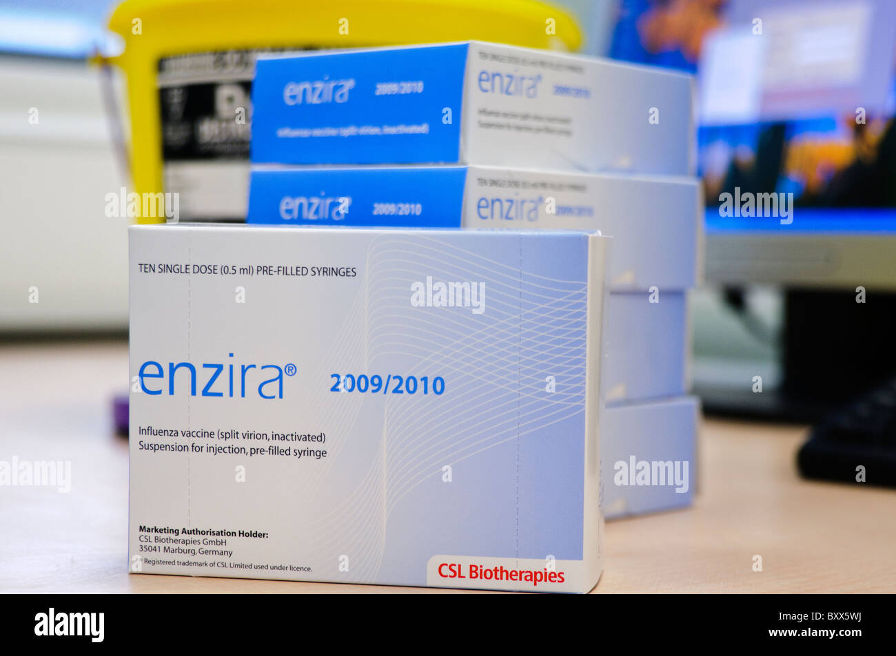 Box of Enzira seasonal influenza vaccine for 2009/2010. Stock Photo