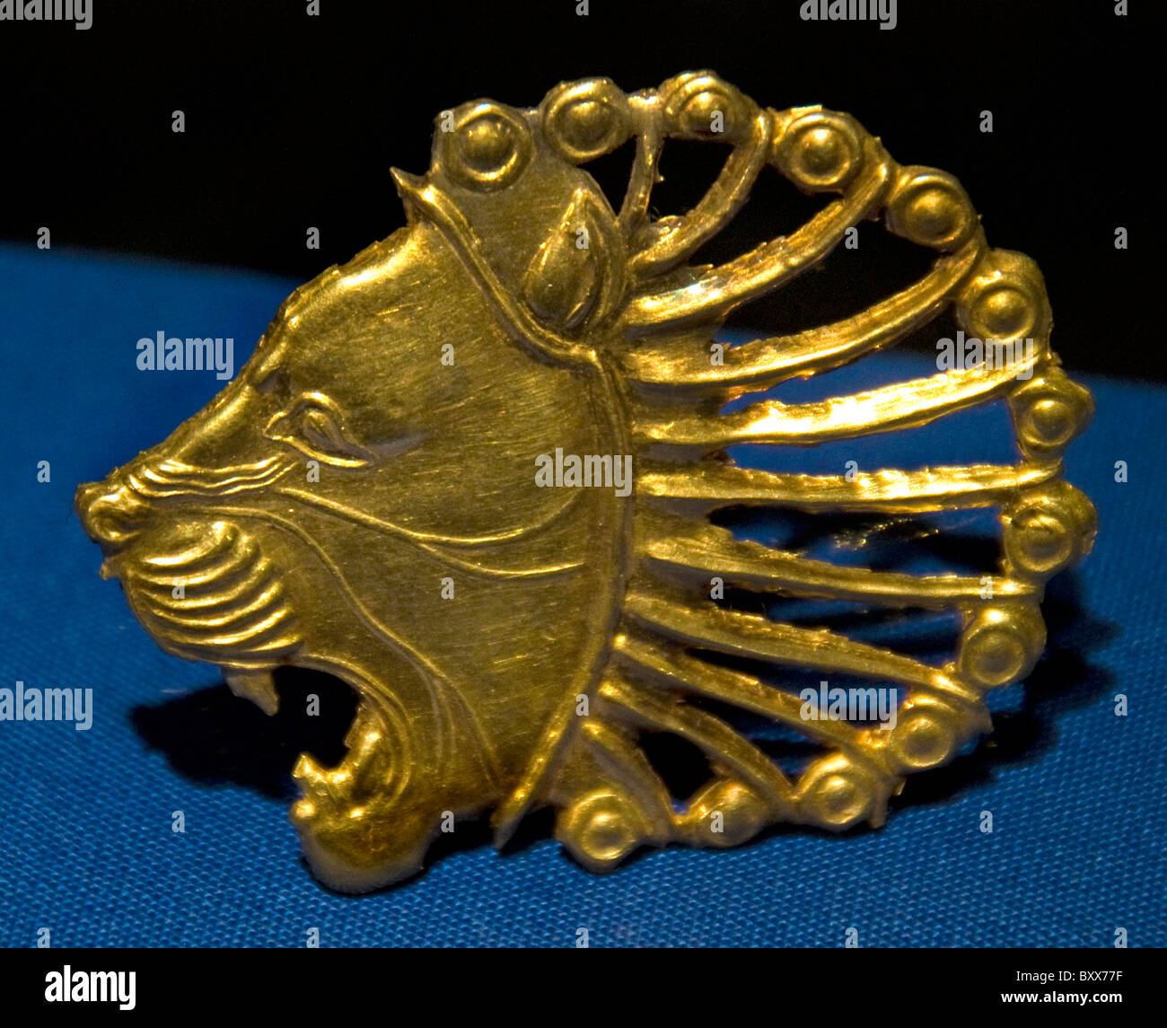 Gold Lion Head Pin Jewelery Jewel goldsmith Persia Persian Iran from 600 to 500 BC Stock Photo