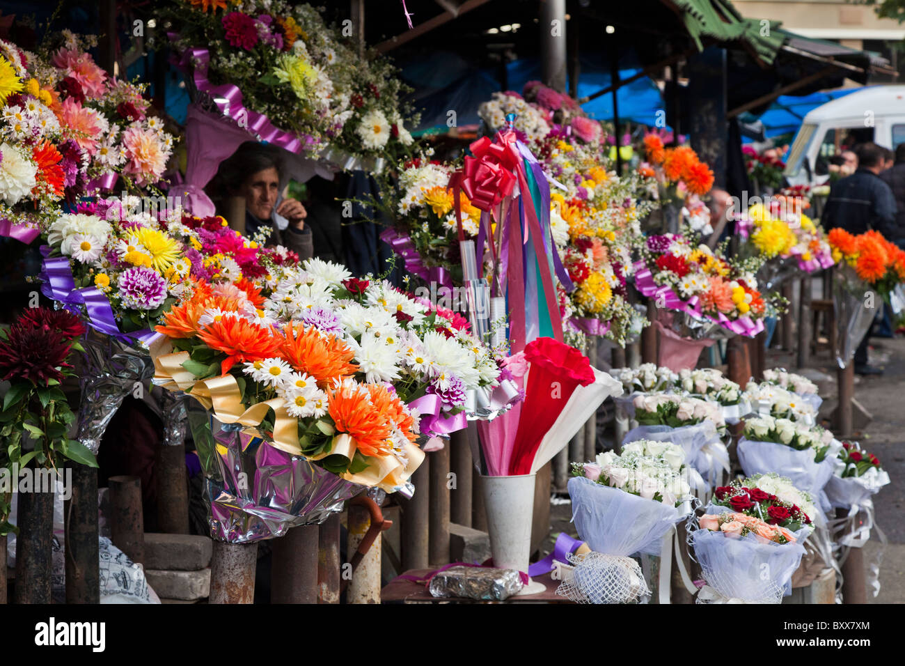 Street market with stall selling flowers Tbilisi JMH4046 Stock Photo Alamy