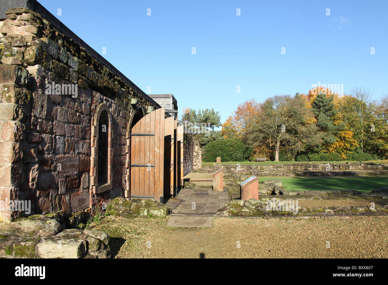 Norton Priory Museum & Gardens. Autumnal view of Norton Priory ruins and undercroft. Stock Photo
