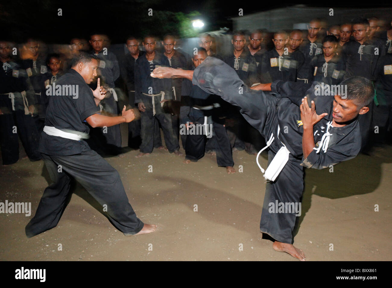Members of the martial arts group PSHT at a nightly training in Dili