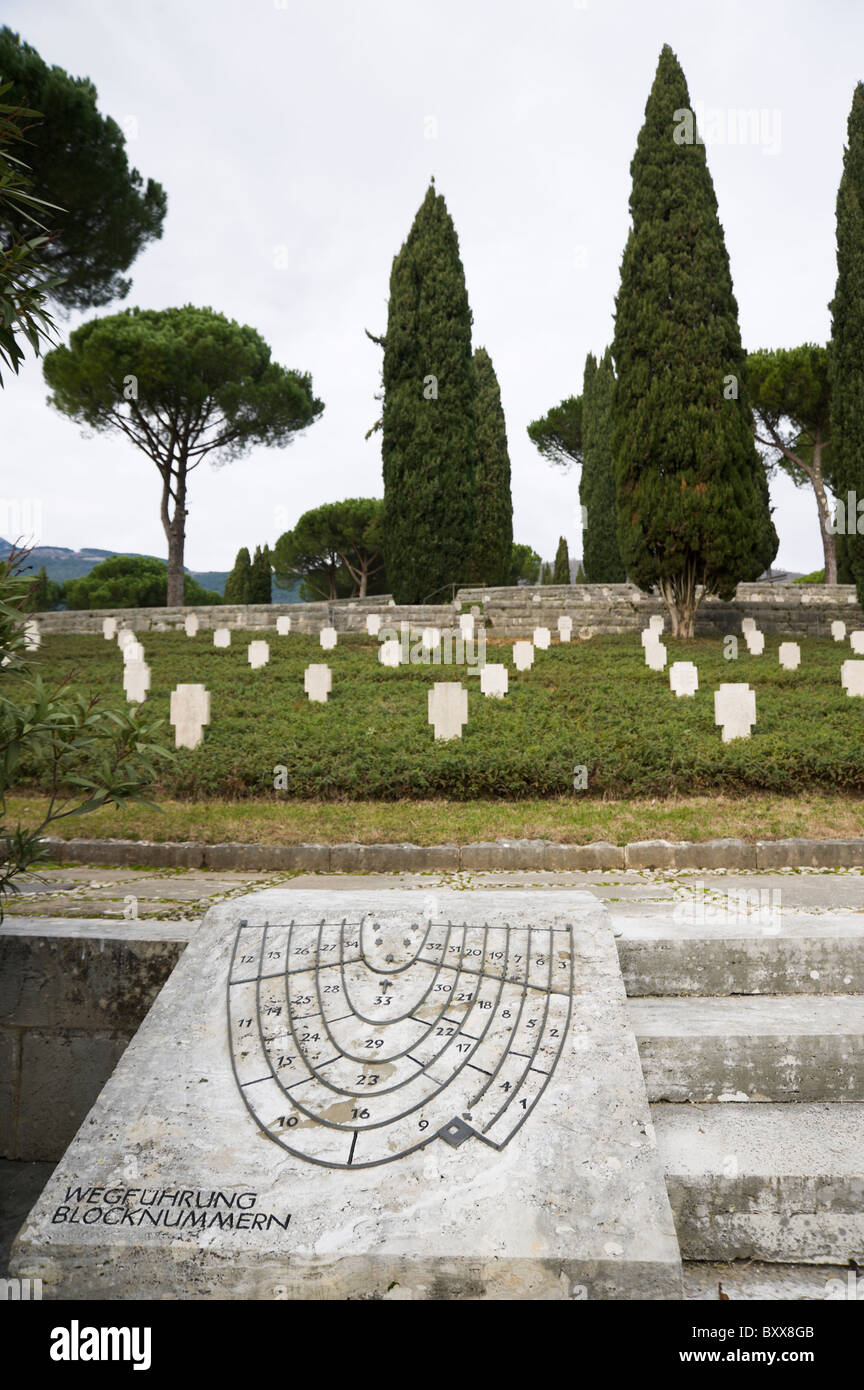 Cassino WW II (1939-1945) German military cemetery, close-up of tombs allocation map with view on tombs. Stock Photo
