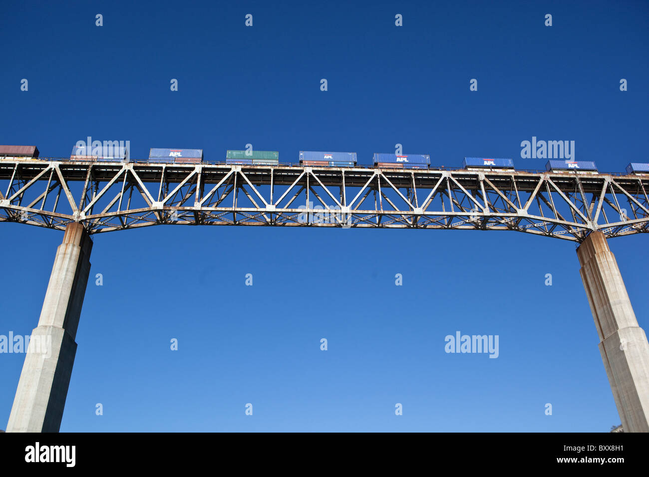 Pecos High Bridge, a steel deck truss style, carries the Southern Pacific Railroad across Pecos River gorge in southwest Texas. Stock Photo