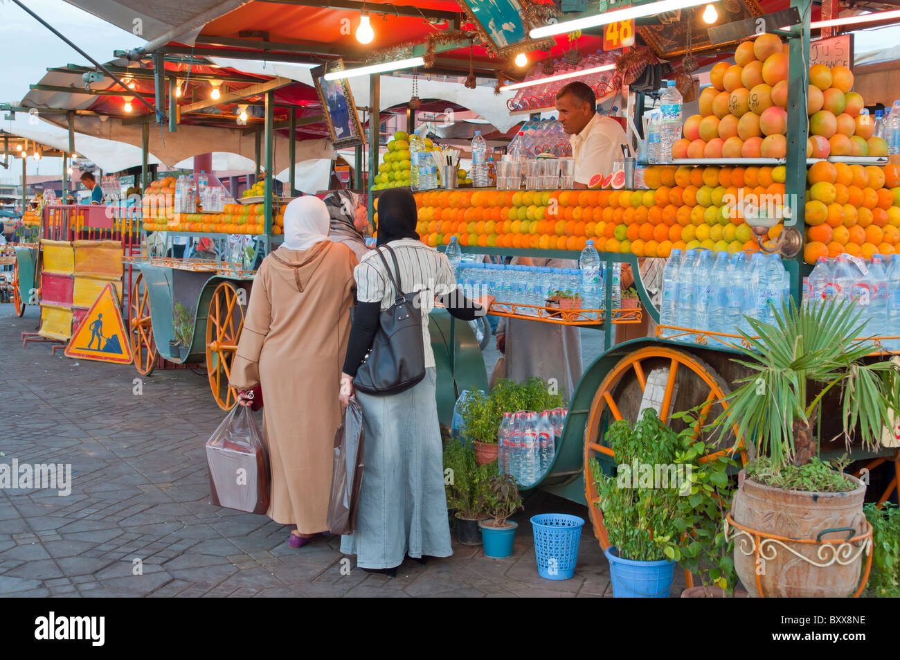Fresh fruit refreshments being sold at stand in the Djemaa el Fna