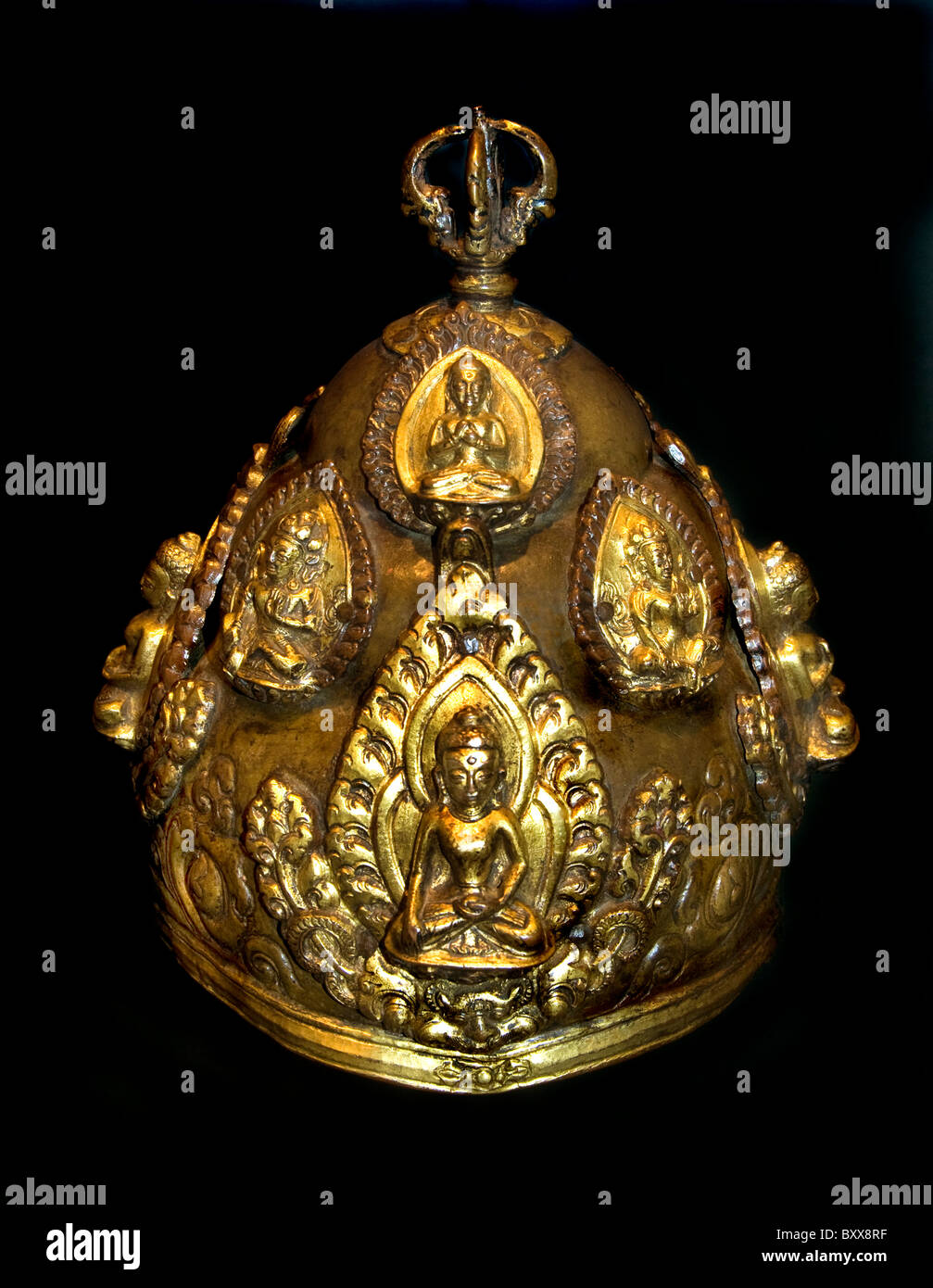 Priest Helmet Dhyana Buddha Buddhism Nepal  Himalaya 17th Cent Stock Photo
