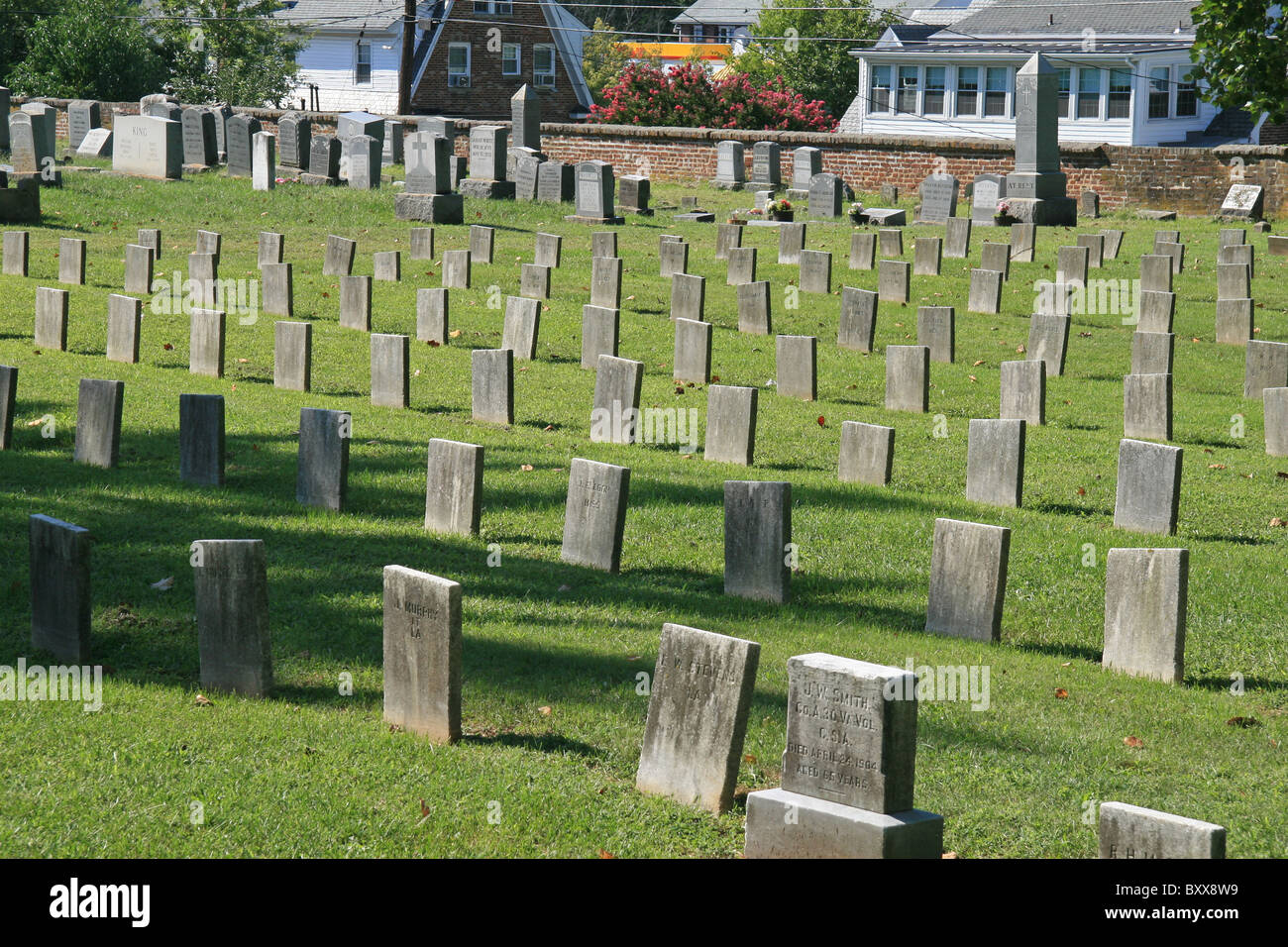 Headstones of American Civil War Soldiers in the Confederate Cemetery, Fredericksburg, Virginia, United States. Stock Photo