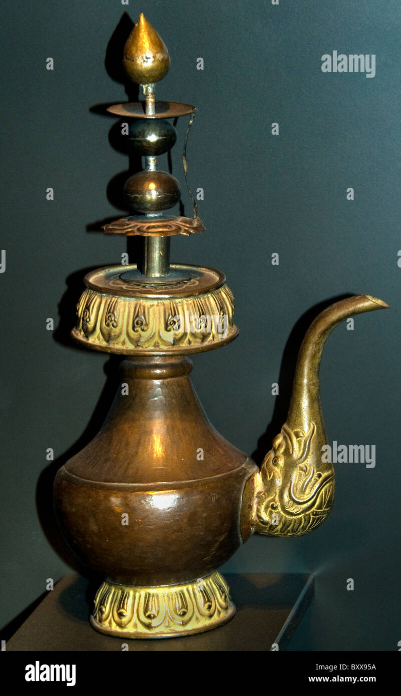 Holy water can 1750-1800 Tibet Tibetan China Chinese Himalaya copper gold Stock Photo