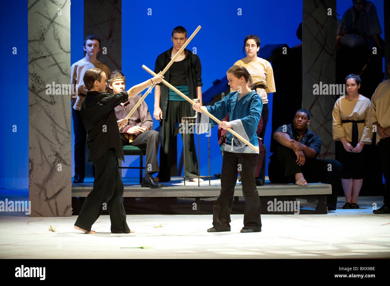 Students on stage during their school production of Shakespeare's classic play, Hamlet., at Lyndon Baines Johnson High in Austin Stock Photo