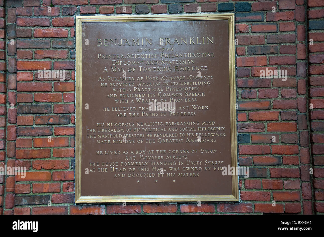 Plaque of Benjamin Franklin in the City of Boston, capital of