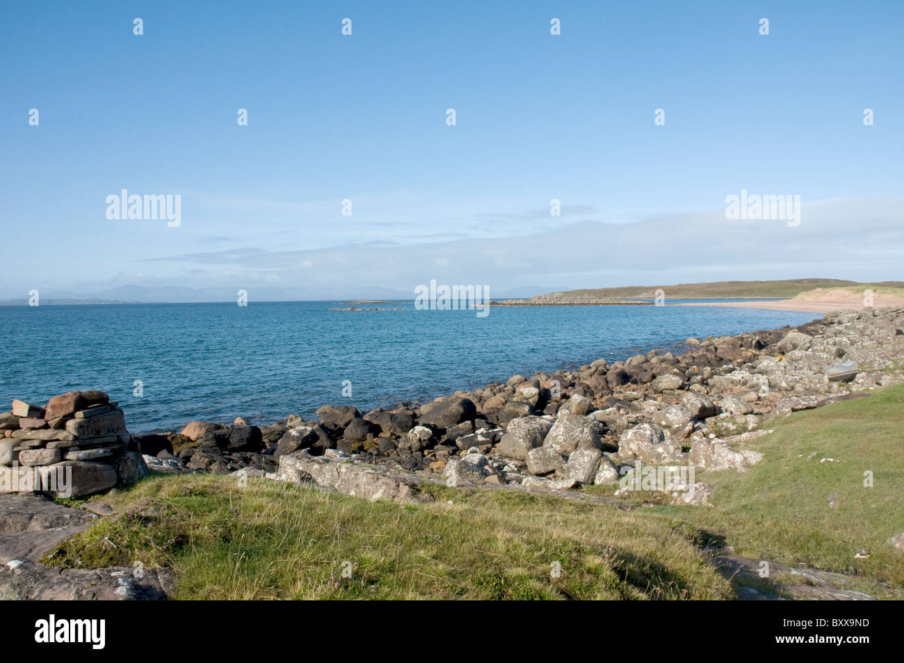 Sea view and beach from Redpoint nr Gairloch Ross & Cromarty with Isle of Skye in background Highland Scotland Stock Photo