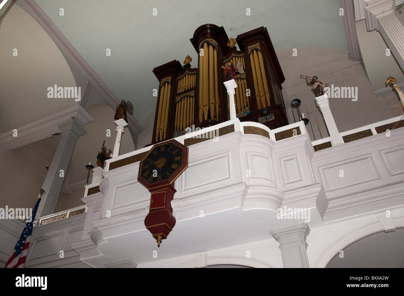 Church organ in the old North Church in the City of Boston, capital of Massachusetts in New England USA Stock Photo