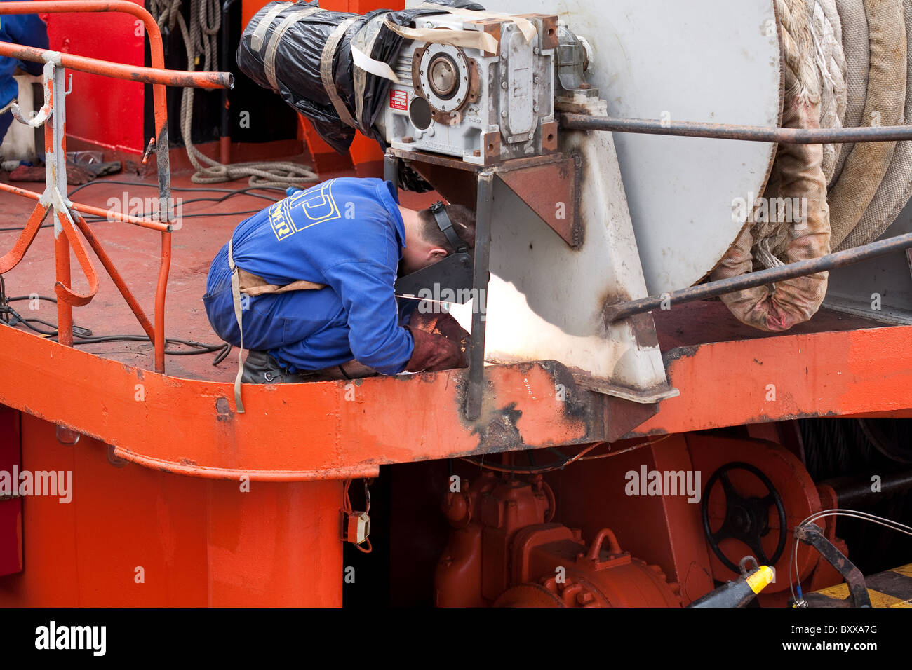 repairs Welding maintenance on board ship Stock Photo Alamy