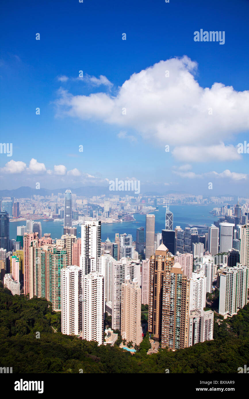 The amazing Hong Kong skyline as seen from The Peak lookout in the day, blue sky, clear summer day Stock Photo