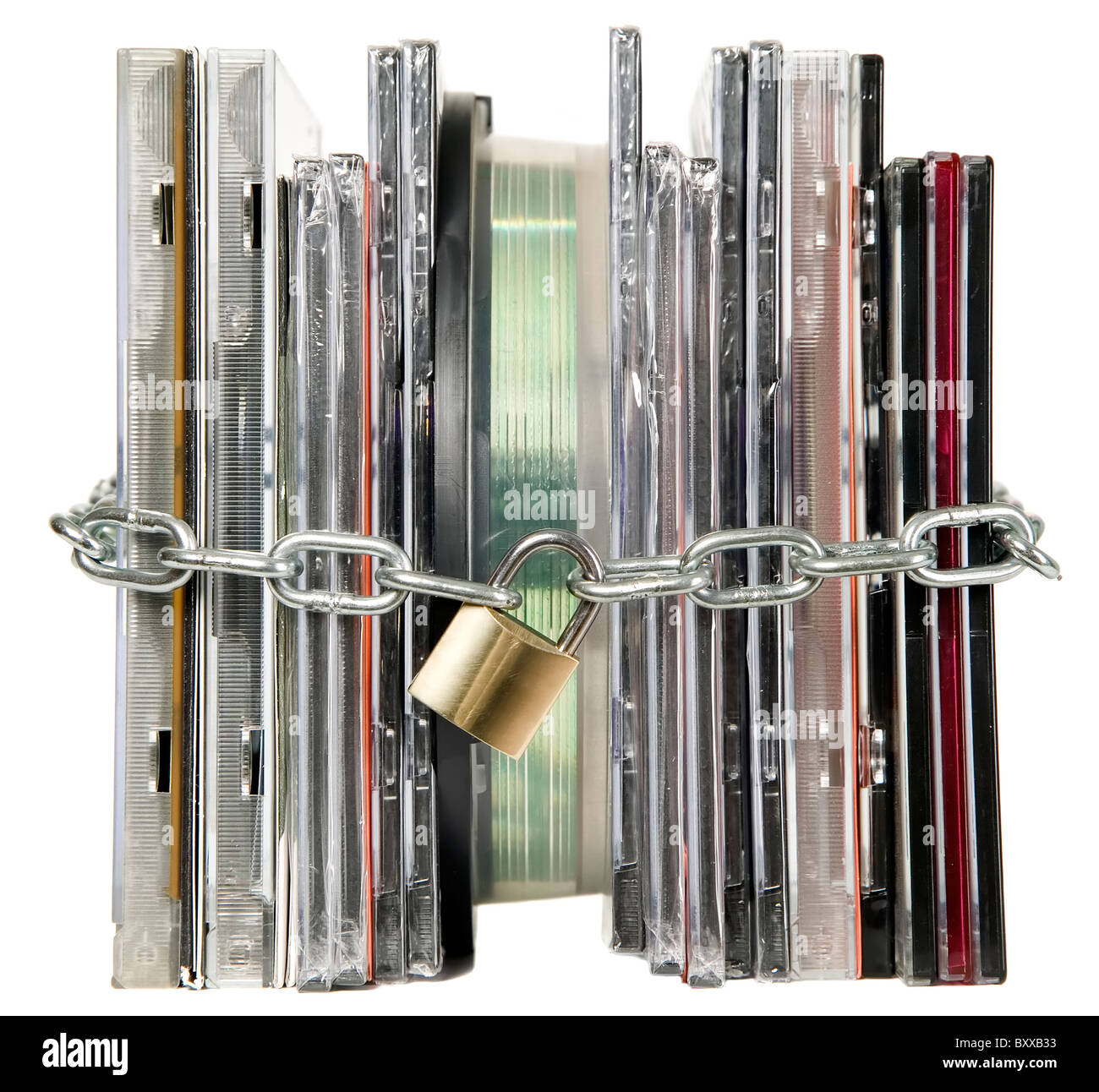 Compact discs are secured with metal chain and lock Stock Photo
