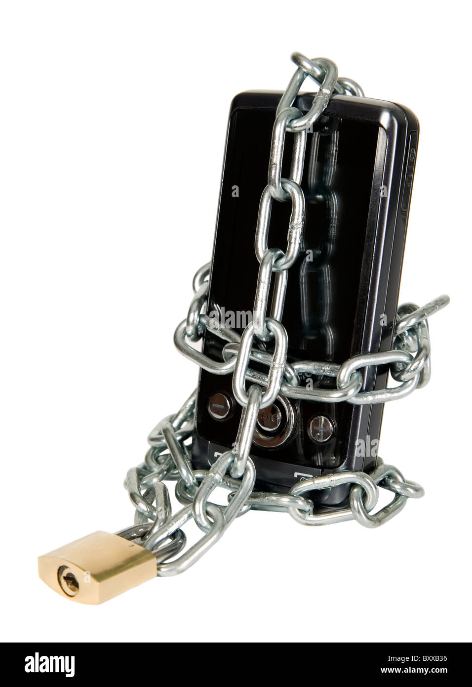 Mobile phone is secured with metal chain and lock Stock Photo
