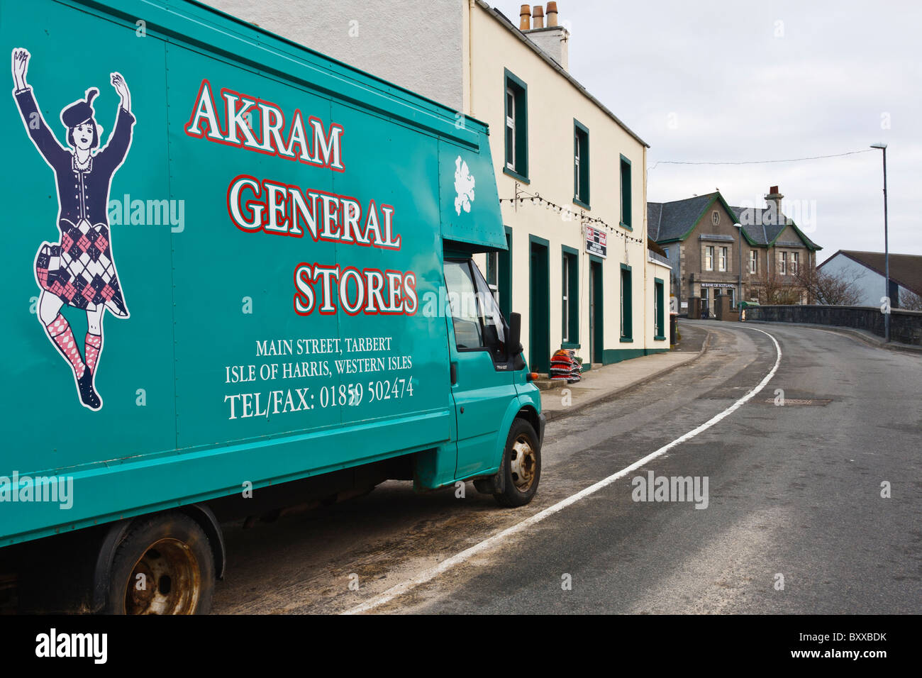General stores truck in Tarbert, Isle of Harris, Scotland. Stock Photo