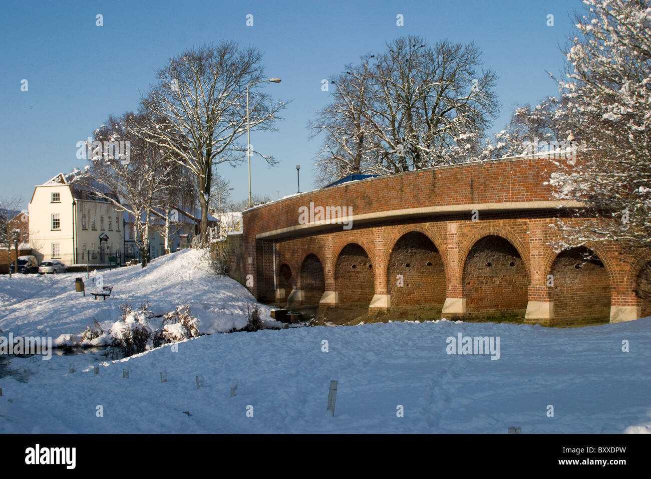 Multi arched brick built Telford Bridge (a listed building) London Colney Hertfordshire crosses River Colne Stock Photo
