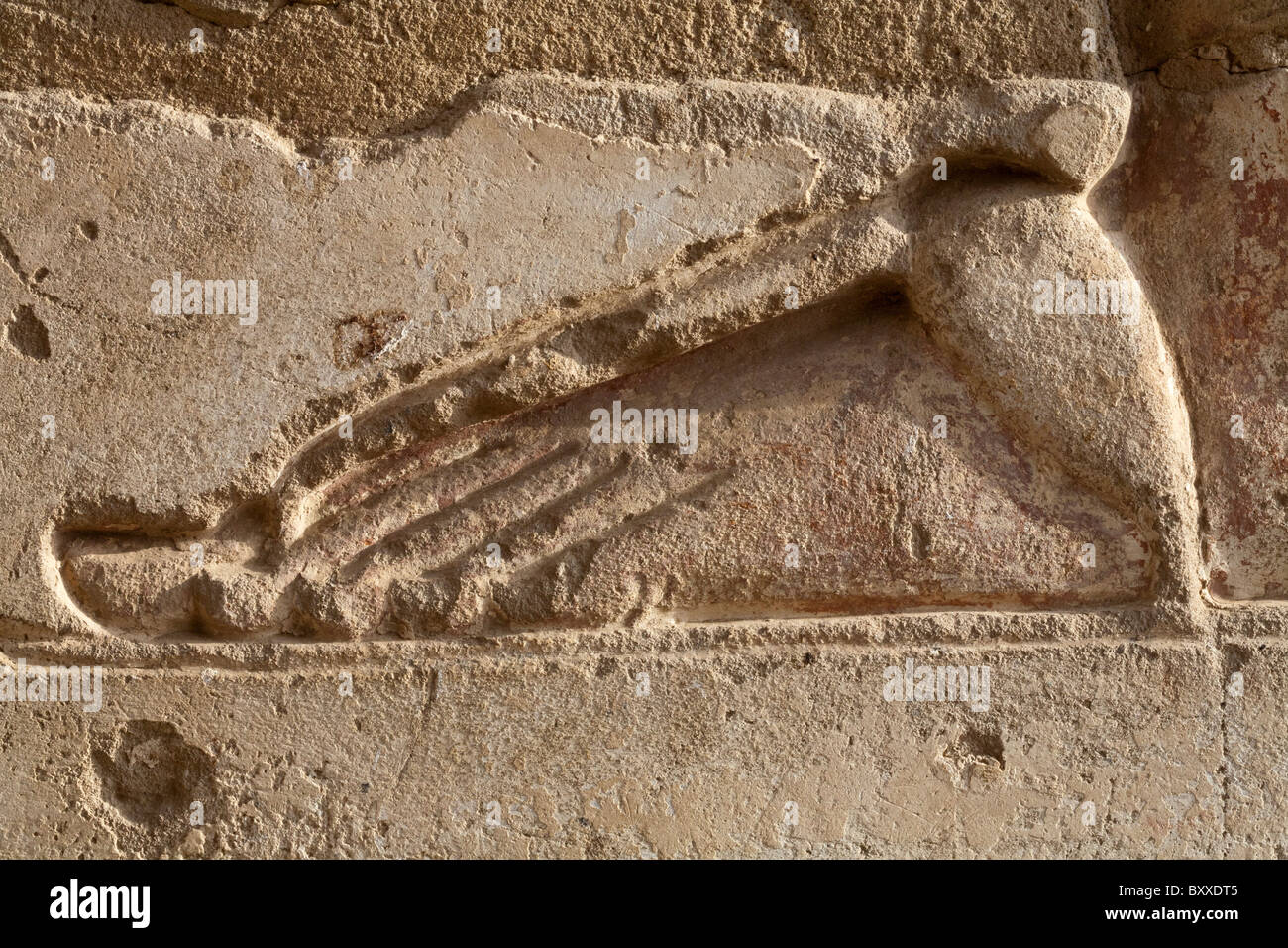 Close up of relief of sandaled foot at the Temple of Pharaoh Ramesses III, Medinet Habu, West Bank Luxor, Egypt Stock Photo
