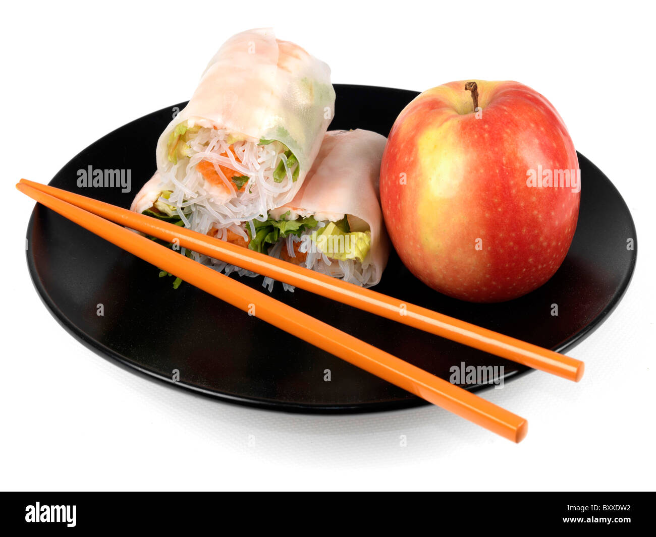 Fresh Healthy Authentic Vietnamese Prawn Rolls Isolated White Background With No People With A Clipping Path Stock Photo