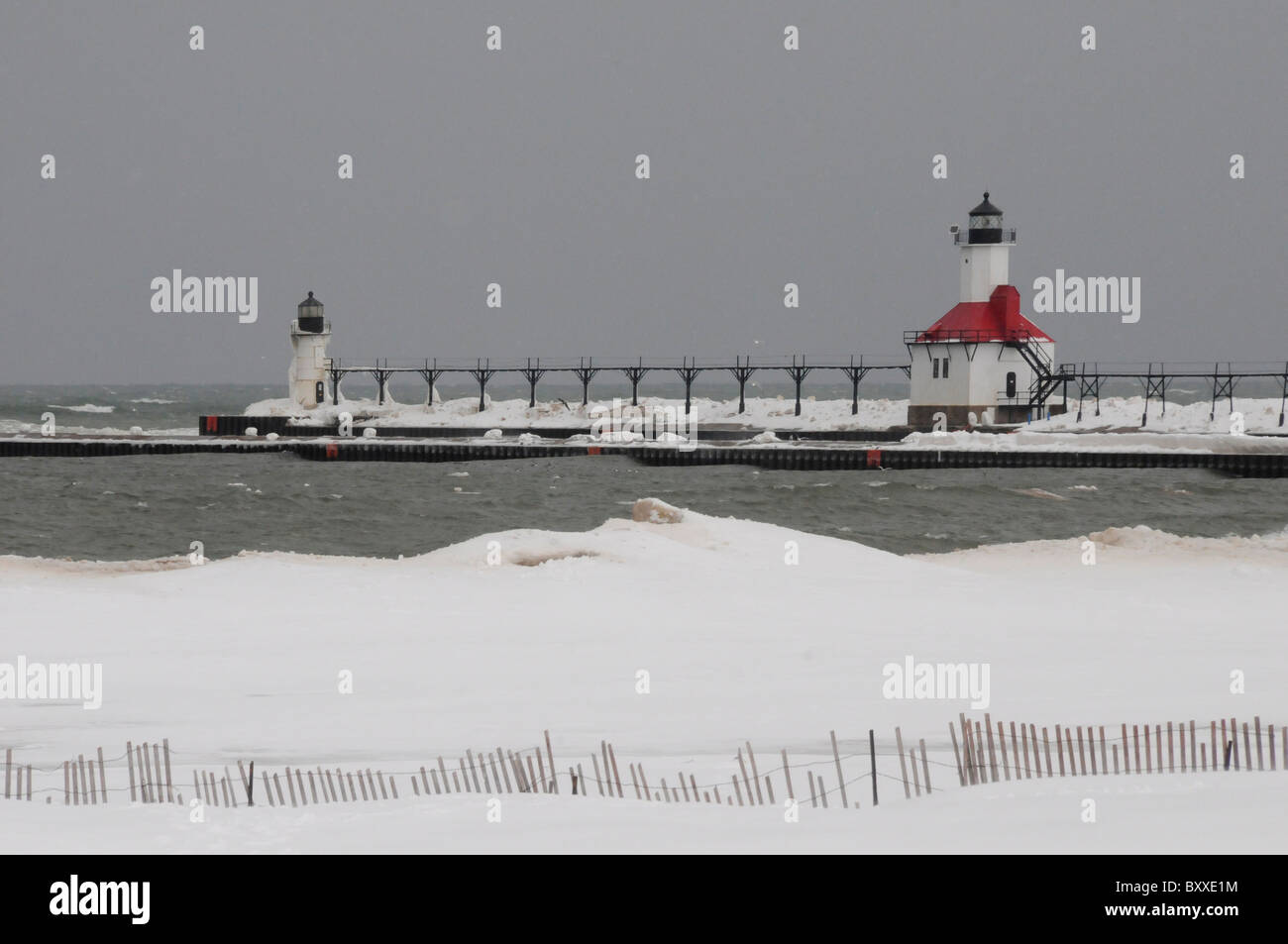 Silver Beach; St Joseph North Pier Lights on Lake Michigan; Winter