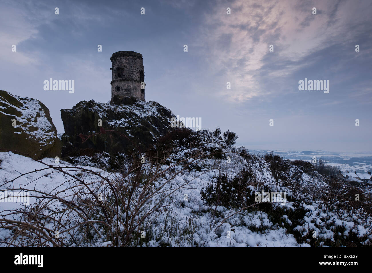 Winter evening at the folly of Mow Cop on the Staffordshire / Cheshire border Stock Photo