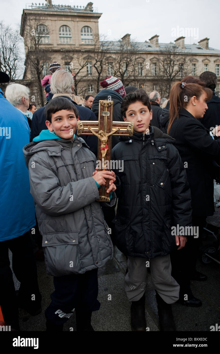 Paris, France, Coptic Christian Boys Demonstrating Terrorist Attacks in E-gypt religious meeting, political participation youth, Christian ACTIVISM Stock Photo