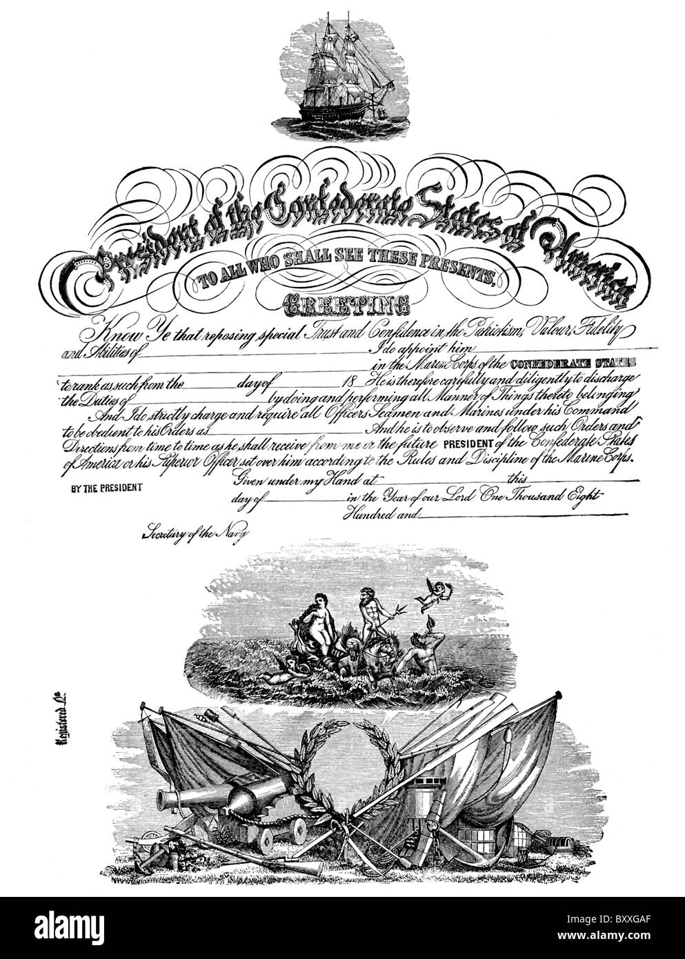 President of  Confederacy and  Confederate Secretary of the Navy issued this Confederate Naval Commissions during Civil War. Stock Photo