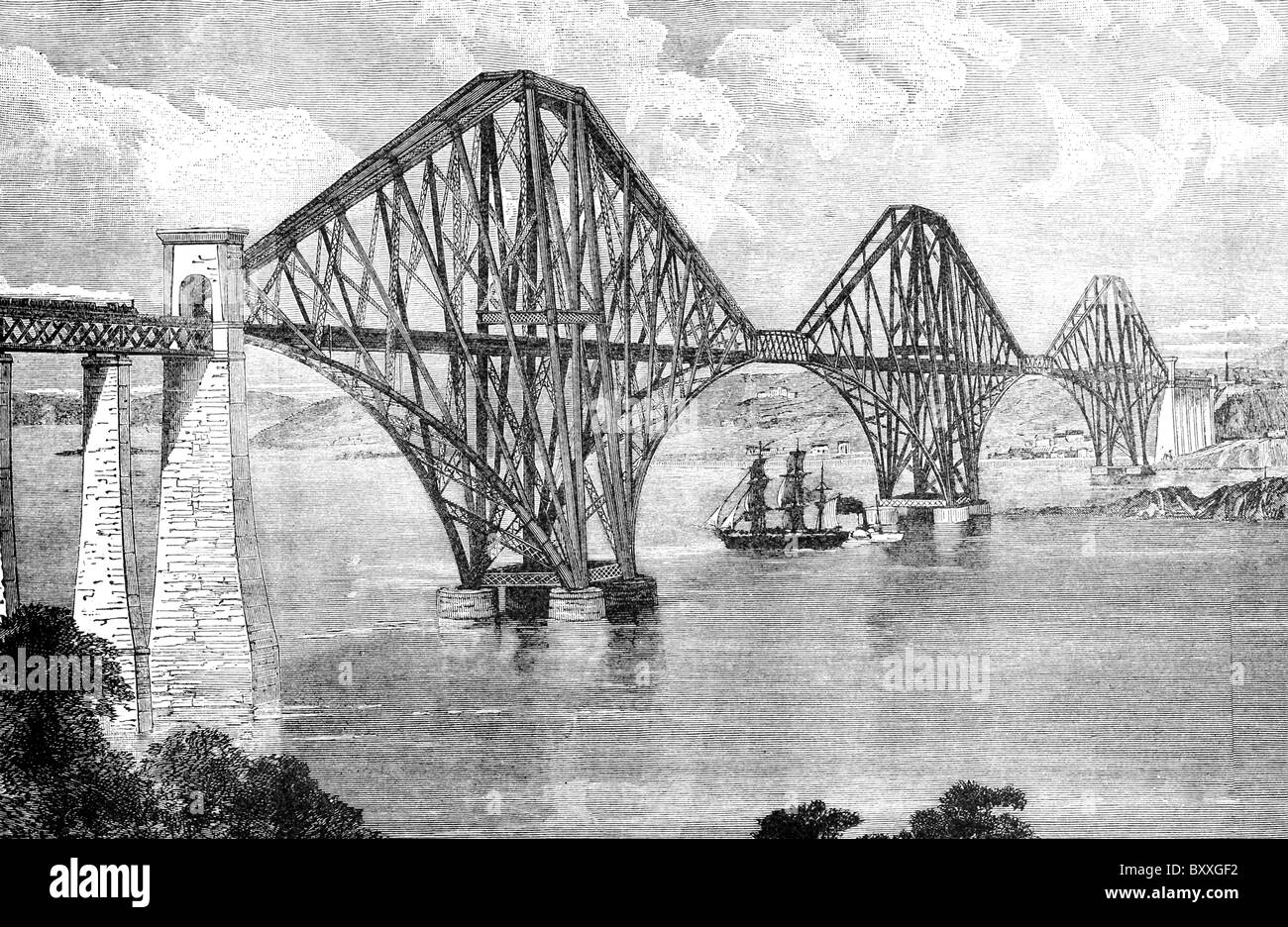 The Forth River in Scotland is crossed at Queensberry by a cantilever railroad bridge that is 5,330 feet long. Stock Photo