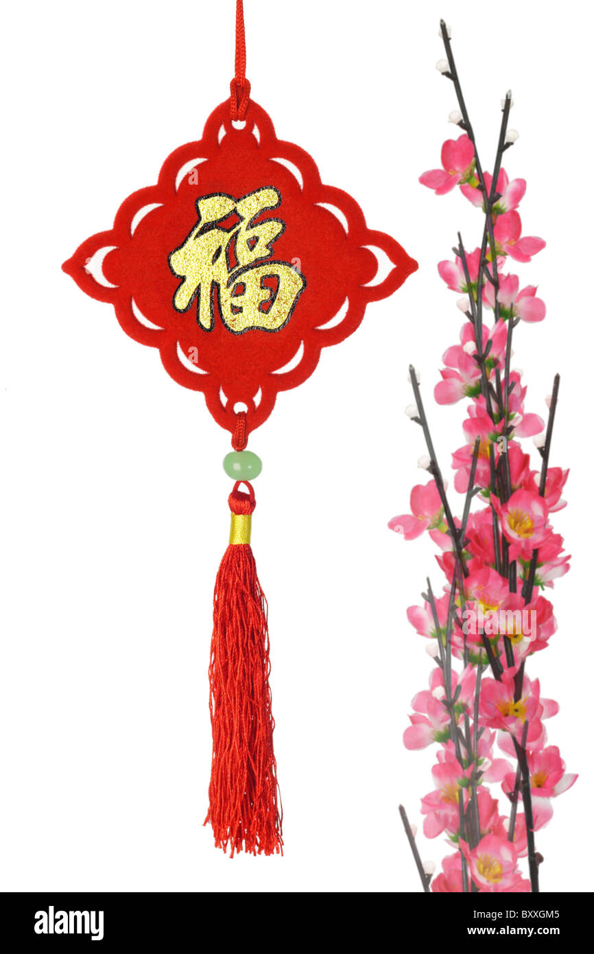 Chinese New Year traditional ornament and stalks of plum blossom on white background Stock Photo