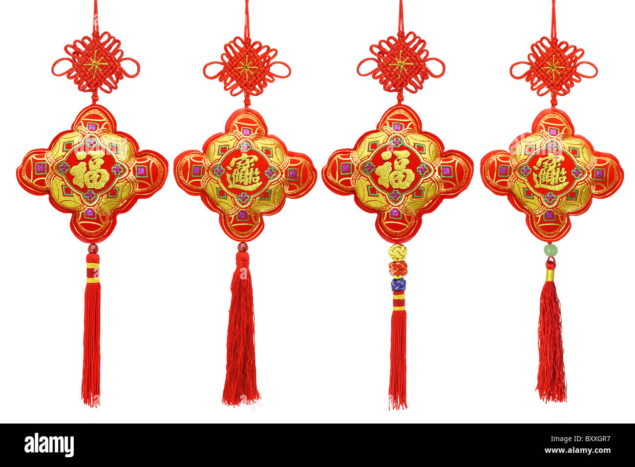 Collection of Chinese New Year traditional ornaments on white background Stock Photo