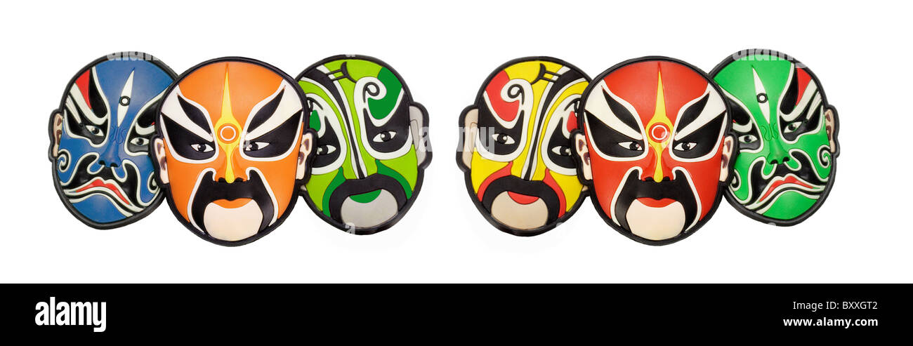 Colorful Chinese opera face masks arranged on white background Stock Photo