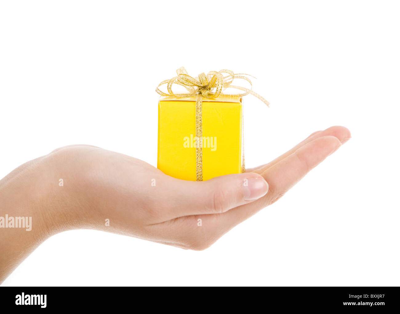Image of small yellow box placed on human palm Stock Photo Alamy