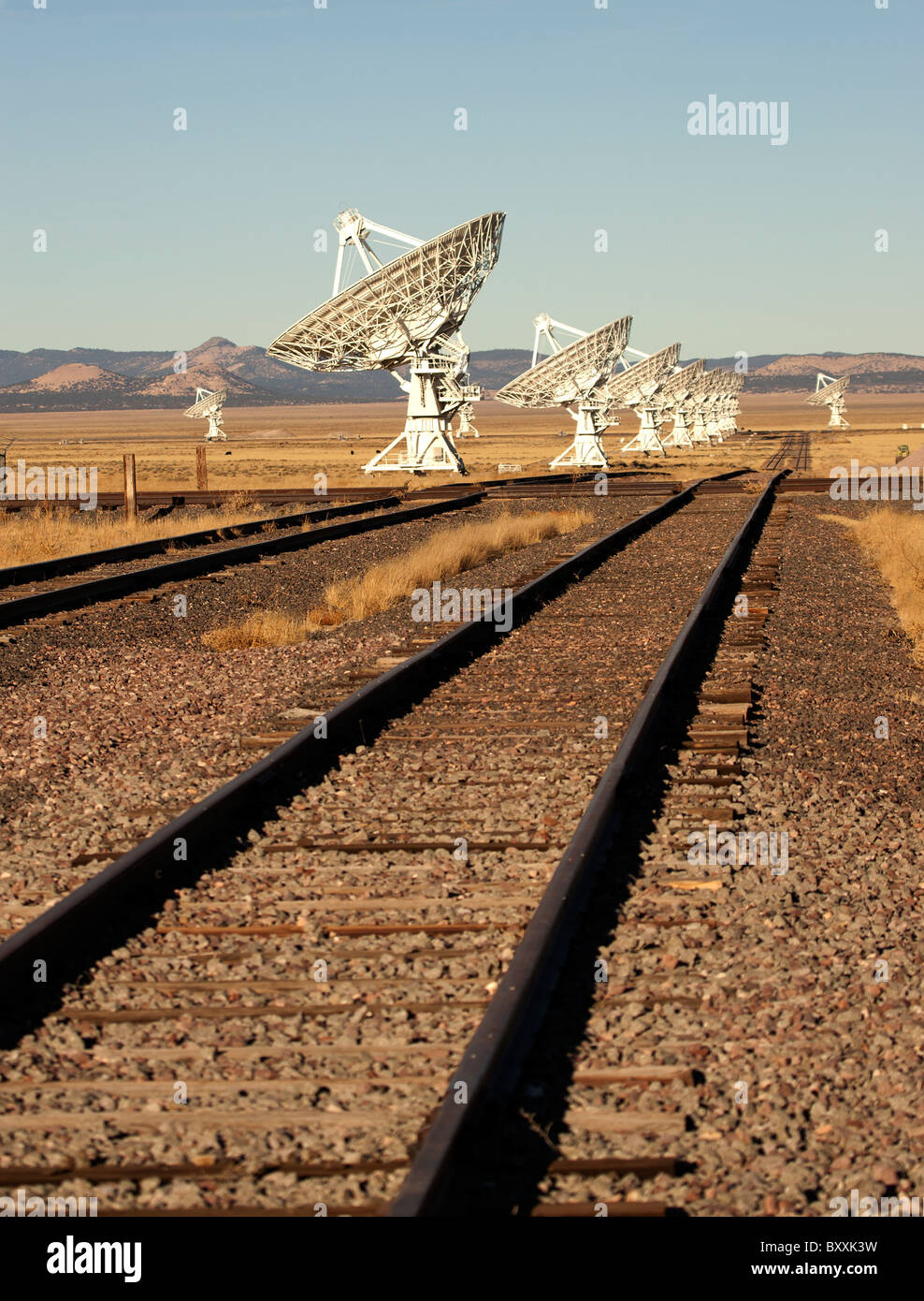 Railway track to the The Very Large Array Radio Telescope, New Mexico, USA. Stock Photo
