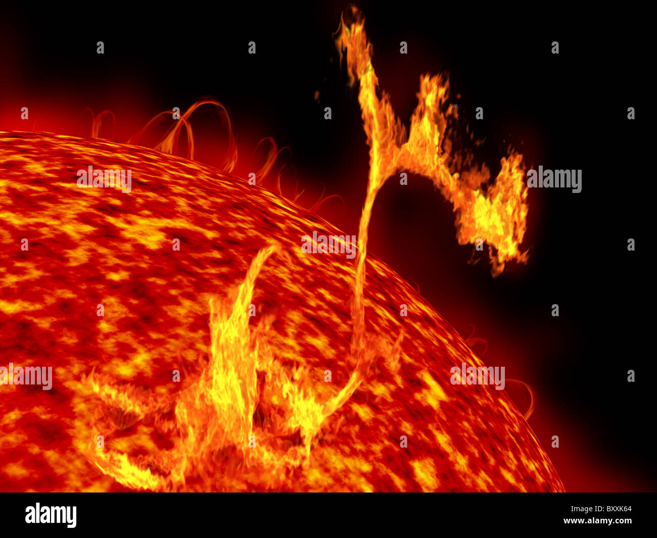 Illustration of the sun showing formidable solar flares Stock Photo